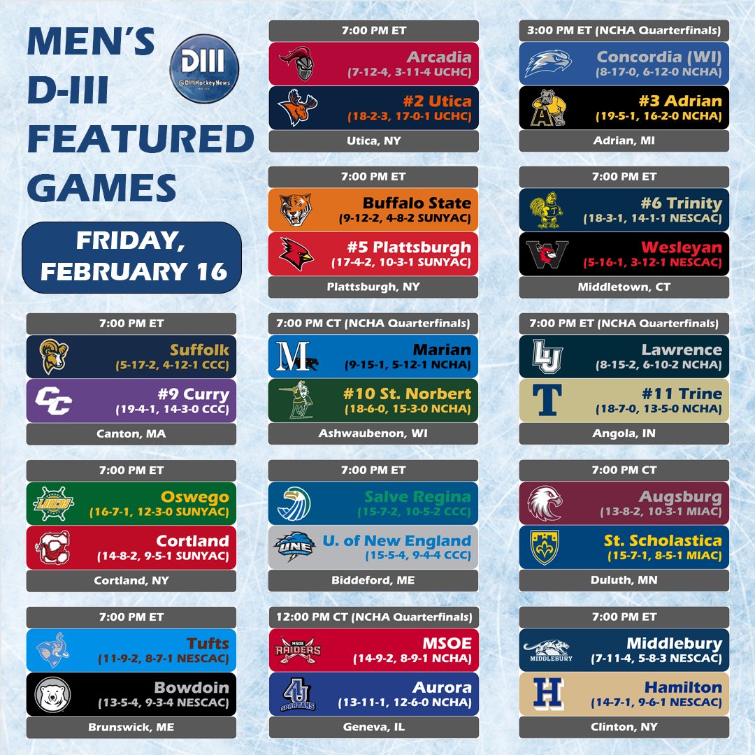 Here’s your Men’s #d3hky Featured Games for today - Friday 2/16/24!
