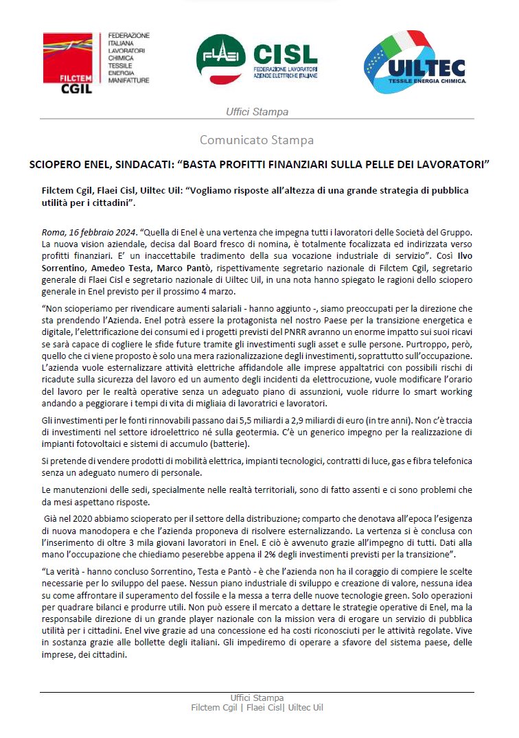 #Sciopero #Enel, sindacati: “basta profitti finanziari sulla pelle dei #lavoratori”

Filctem Cgil, Flaei Cisl, Uiltec Uil: “Vogliamo risposte all’altezza di una grande strategia di pubblica utilità per i cittadini”.