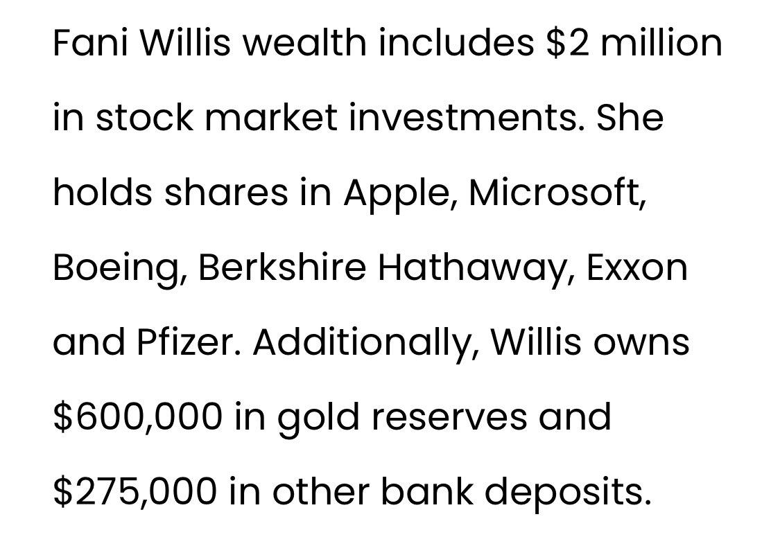 Fani Willis has a room temperature IQ. She makes $110,000 a year. And yet, she is worth $8 million. In court, she admitted to several finance-related felonies. The DOJ could take her down in a day if they wanted to.