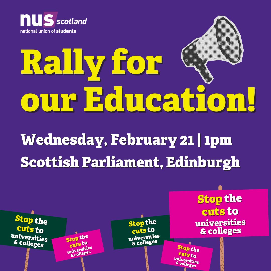 The Scottish Government is cutting the budget for higher and further education by over £100million.

Want to join us to rally outside the Scottish Parliament on 21 February? Let's make our voices heard:

📣 Stop the cuts to our colleges and universities! Save our education!