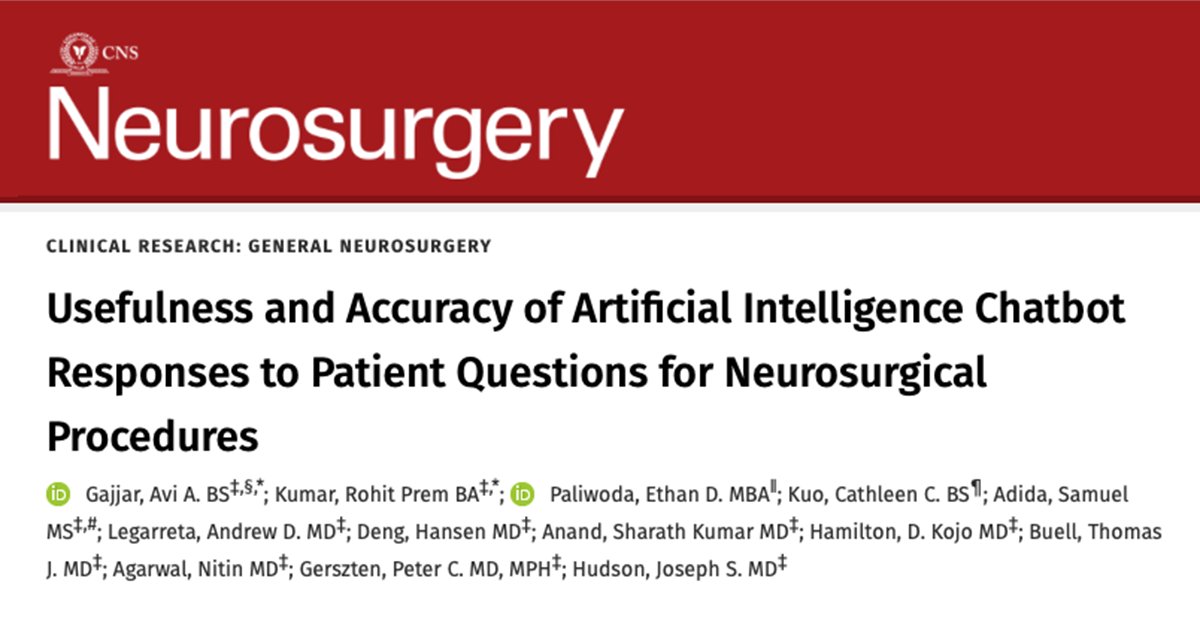 Study evaluates implementation of ChatGPT in neurosurgery by assessing accuracy and helpfulness of artificial intelligence generated responses to common postsurgical questions. journals.lww.com/neurosurgery/a… <a href="/SamuelAdida/">Samuel Adida</a> <a href="/NitinAgarwalMD/">Nitin Agarwal, M.D.</a> <a href="/js_hudson/">Joseph Hudson</a> <a href="/UPMC/">UPMC</a> <a href="/adlegarreta/">Andrew Legarreta</a> <a href="/aviagajjar/">Avi Gajjar</a>