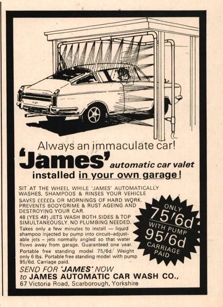 Factoid Extra: One of those gadgets you’d be curious to know how many bought back in the day, but here’s a reminder you could buy your own ‘automatic car valet’ installed in your own garage back in 1968…
@neilmbriscoe @t2stu <a href="/DarraghMcKenna/">Darragh McKenna 🌐</a> <a href="/TopOfTheTower/">Leo Nulty</a> <a href="/StvCr/">Steve Cropley</a>