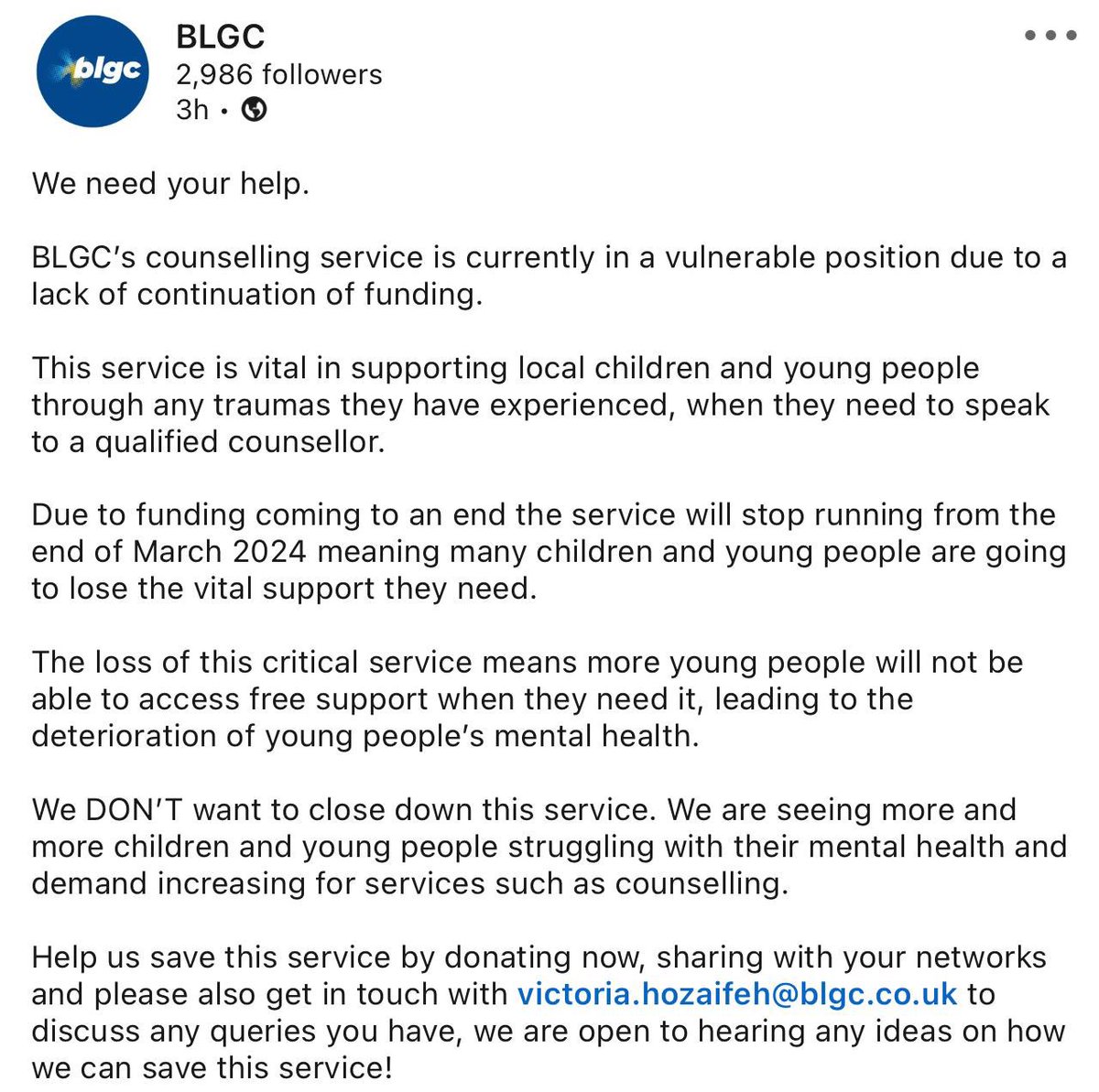 Unbelievable timing. The NHS has cancelled all funding for <a href="/BLGCofficial/">BLGC Charity</a> counselling services. <a href="/BBCBreakfast/">BBC Breakfast</a> showed the difference it makes. Yet the NHS will still get an invoice. Madness personified. Cuts always hit kids first because they don’t vote so politicians don’t care.