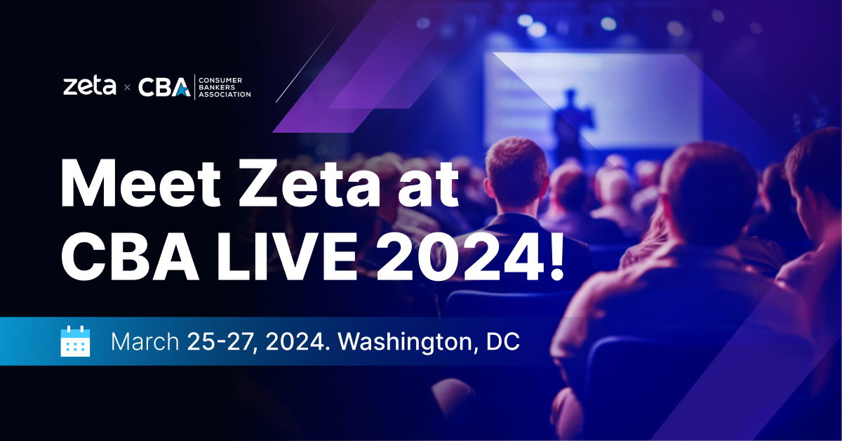 Meet us at @ConsumerBankers Association LIVE 2024!
Learn what separates next-gen processing from legacy tech and how it redefines your possibilities. 
Learn how to connect: hubs.ly/Q02lk1rD0

#ZetaAtCBALive #Zeta #NextGenProcessing #CBALive2024 #nomainframes