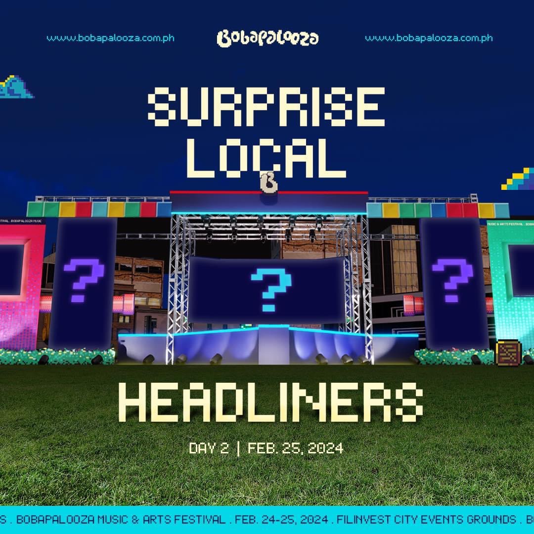 And we’re down to one last surprise. See you all at Bobapalooza! ✨

8 days to go. Will you enter the game?

#Bobapalooza2024 #AngatBuhay #atarashiigakkoinph #palewaves #badsuns #thebandcamino #rollinggum #bobapaloozaacts #randomminds #flicksbythepark