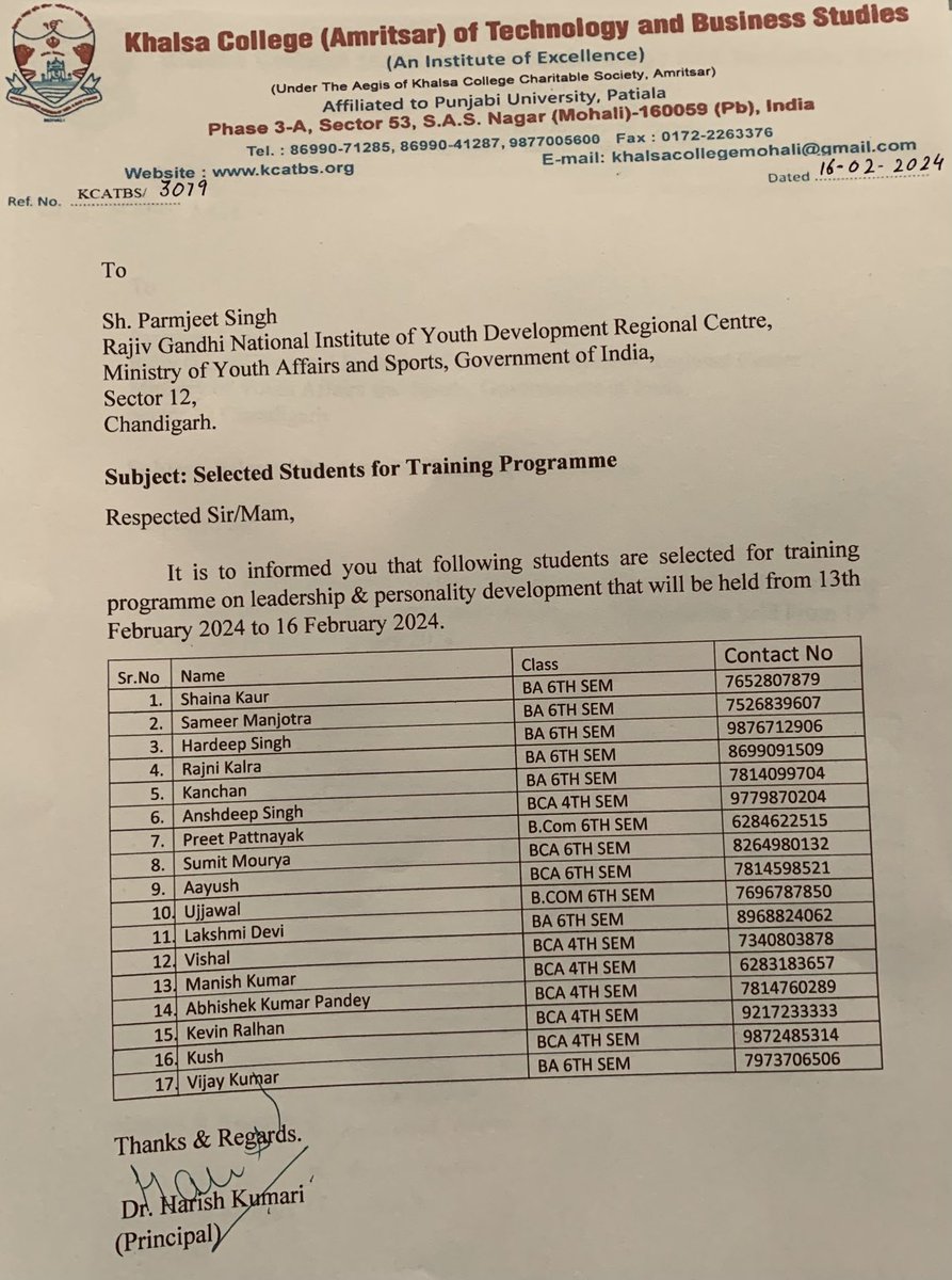 nsskcm's tweet photo. Nss Students are selected for Training Programme on Leadership &amp; Personality Development organised by Punjab Engineering College Sector 12 Chandigarh on Dated 13th February to 16 February 2024. https://t.co/q6d9My3Jpe