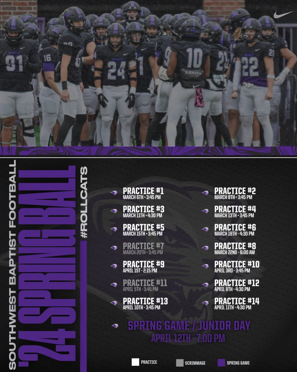 2024 Spring Ball Schedule release! All practices open to public and are subject to change due to weather. Spring Game on April 12th! #TheStandard #RollCats