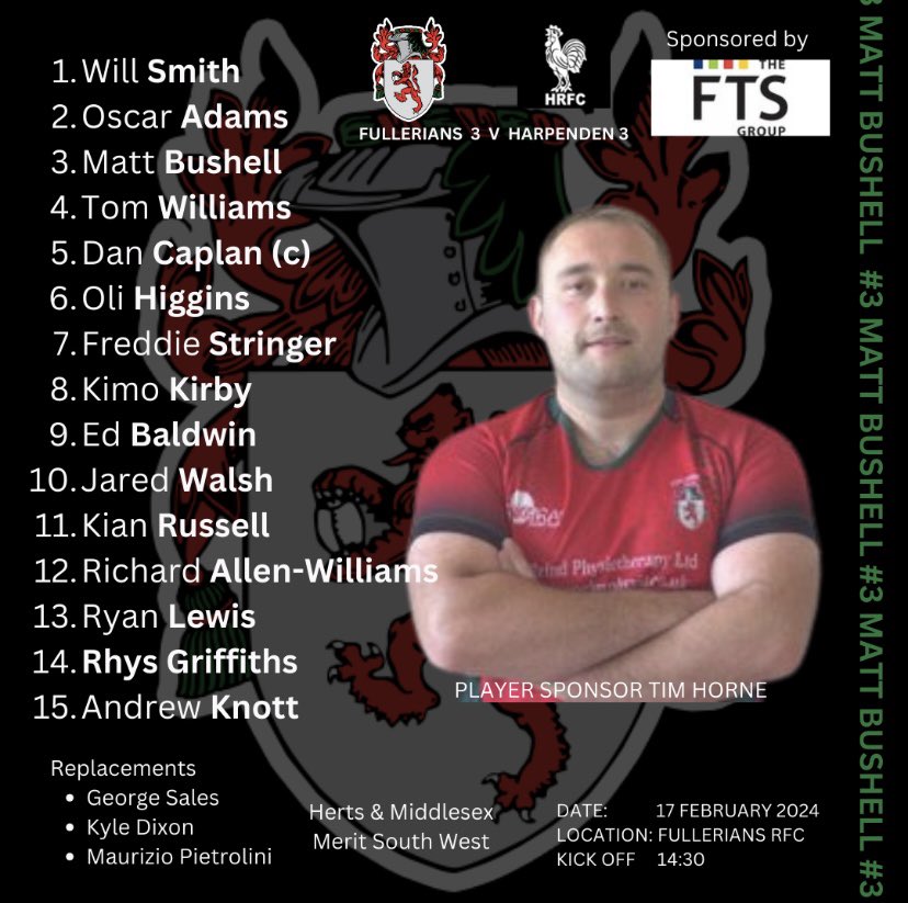 Team’s up for our 3XV game against @HarpendenRUFC . Thanks to club sponsor The FTS Group for their continued support of Fullerians RFC