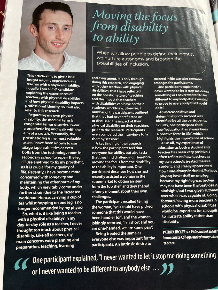 Honoured to have being invited to write about my experience as a teacher with a physical disability and my research in the recent edition of @INTOnews InTouch magazine. #teacherdiversity