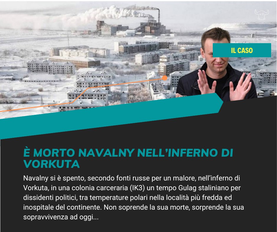 filogicoX's tweet photo. È morto #Navalny, nell'inferno del #carcere #IK3 a #Vorkuta. Un tempo #gulag di #Stalin per i dissidenti politici, ora inferno nella città più fredda e deprimente del continente. Proprio nei giorni in cui si parla di #dignità del #carcerato
Per dettagli: https://t.co/BgZoXbT0Vu https://t.co/5r1ScOhjty