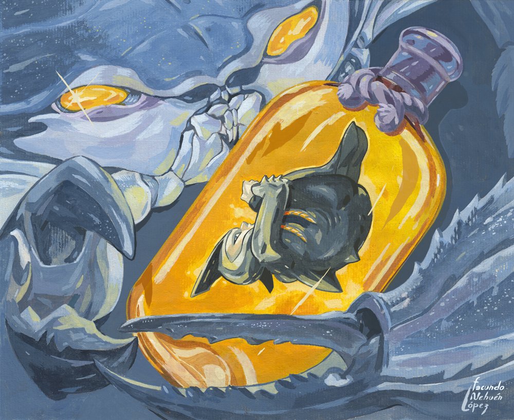 Fackeate's tweet photo. The Doomed Magician: Marea. Almost a year since the last one I painted. I have a lot of ideas written down to continue exploring this series painted with gouache.
. 
"My biology regresses day by day, soon I will be an embryo again and nothing will be left of me in this jar". https://t.co/toH7M0PBme