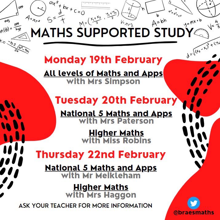 Exams are fast approaching, get involved with supported study in the maths department. Ask your teacher for more information! @BraesHigh #onelastpush