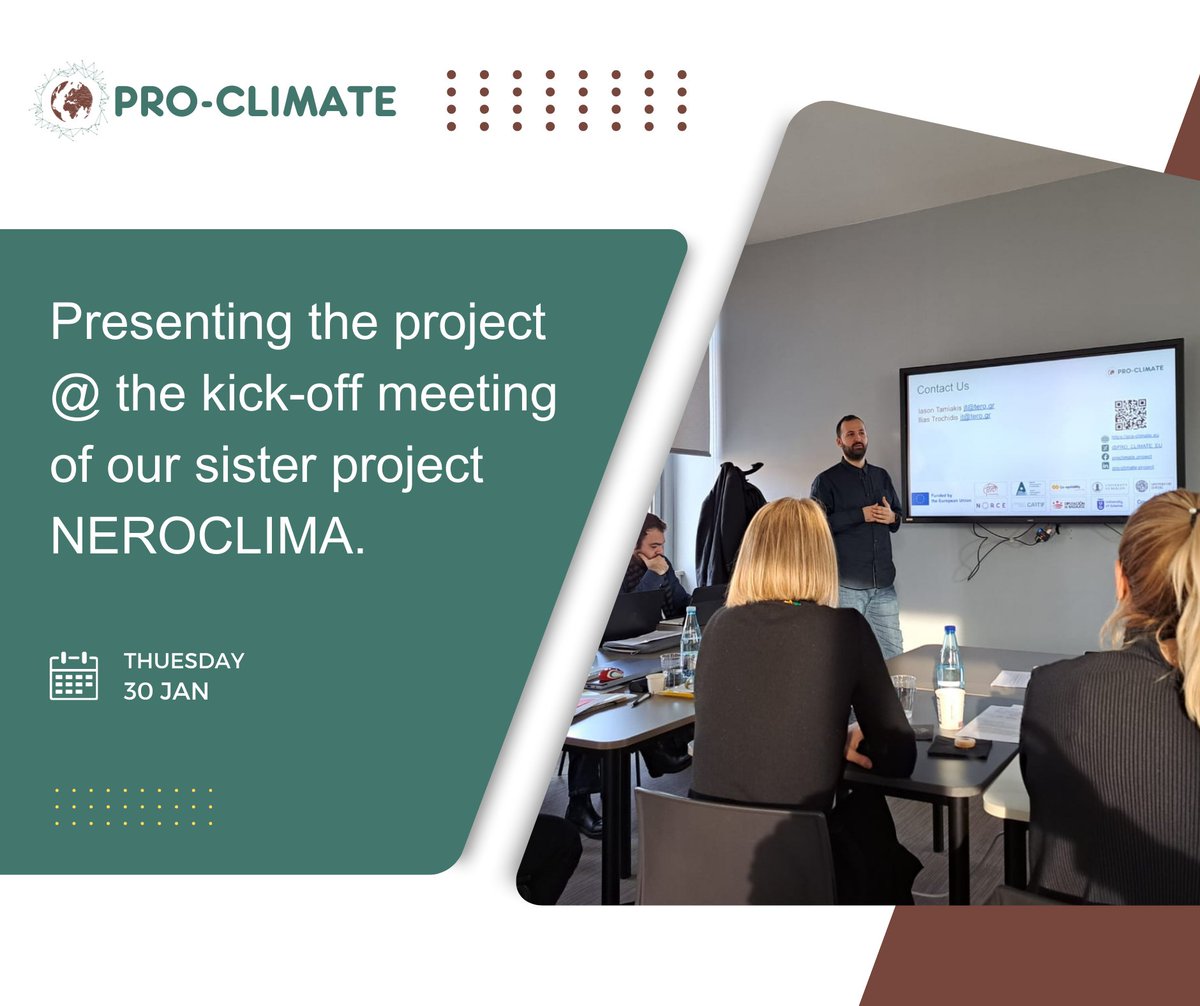 PRO_CLIMATE_EU's tweet photo. 📊 Our project coordinator Iason Tamiakis (Tero LTD), had the opportunity to present PRO-CLIMATE at the kick-off meeting of our sister project NEUROCLIMA.

https://t.co/W0wqBdWV53

#PROCLIMATE #climatechange #behaviouralchange #community #adaptation #socialtransformation https://t.co/aHhPcCB9fF