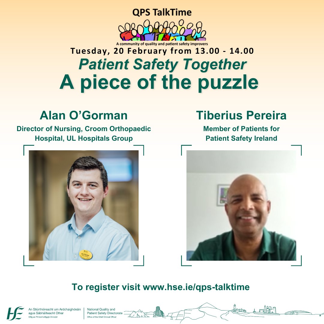 Meet our panel👋 Next up we are delighted to welcome @munsteralan and Tiberius Pereira from @PFPS_Ireland who will share their experience of Patient safety together. Register for Tuesdays TalkTime at this link www2.healthservice.hse.ie/organisation/n…