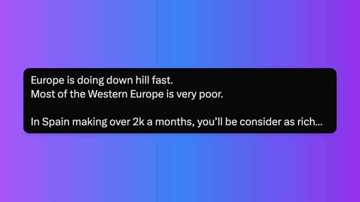 "Europe is going down hill fast.
Most of Western Europe is very poor."

How did things get so bad?

And did they? 🤔

Let's compare incomes in Europe, Asia and the US.

Let's see if this statement has any merit or is just "sth people say now"👇