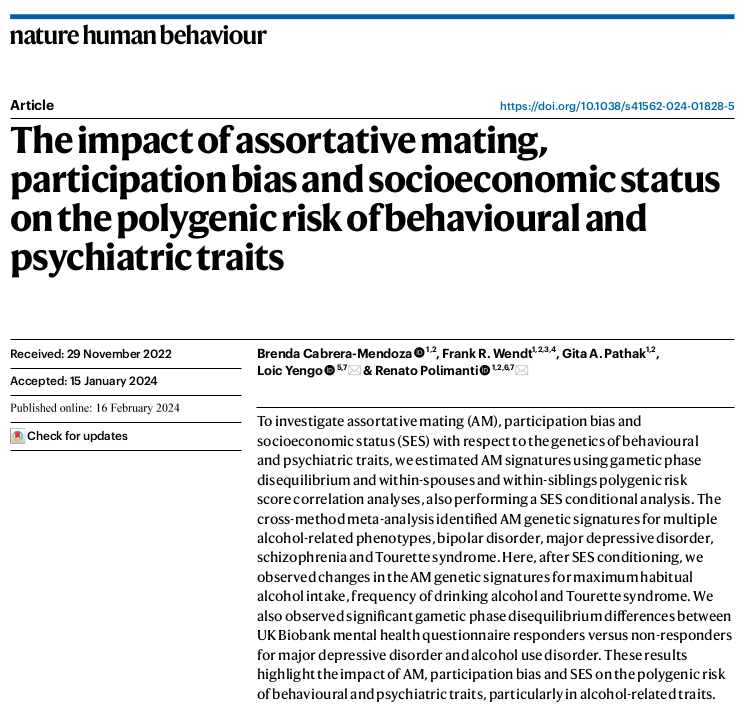 Another new study led by @brendacabreram is on @NatureHumBehav! Using @PGCgenetics, @VAResearch, and @uk_biobank, we assessed assortative mating, participation bias, and SES effect on behavioral PRS. Big thanks to @LoicYengo for working with us on this! nature.com/articles/s4156…