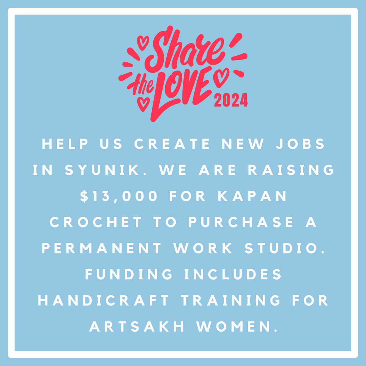 From Feb. 14 to April 5, we're thrilled to announce the launch of Share the Love 2024! This year, our charitable campaign aims to fulfill Gohar's dream of having a permanent workspace for her and her dedicated team at Kapan Crochet. Donate here shorturl.at/bwMNZ