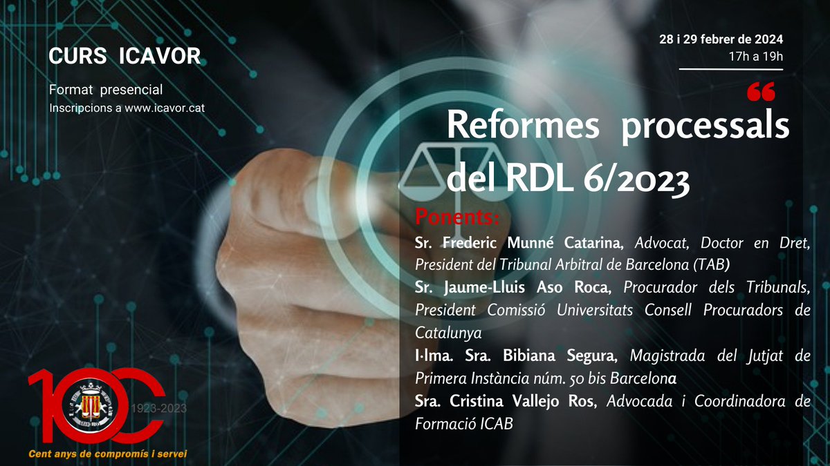 Atenció ‼️ Curs <a href="/icavor/">Icavor</a> ➡️ Reformes processals del RDL 6/2023

🗓️28 i 29 febrer.  17 a 19 h
📍Presencial

🗣️Fes ara la teva inscripicó 👇

icavor.cat/index.php/form…