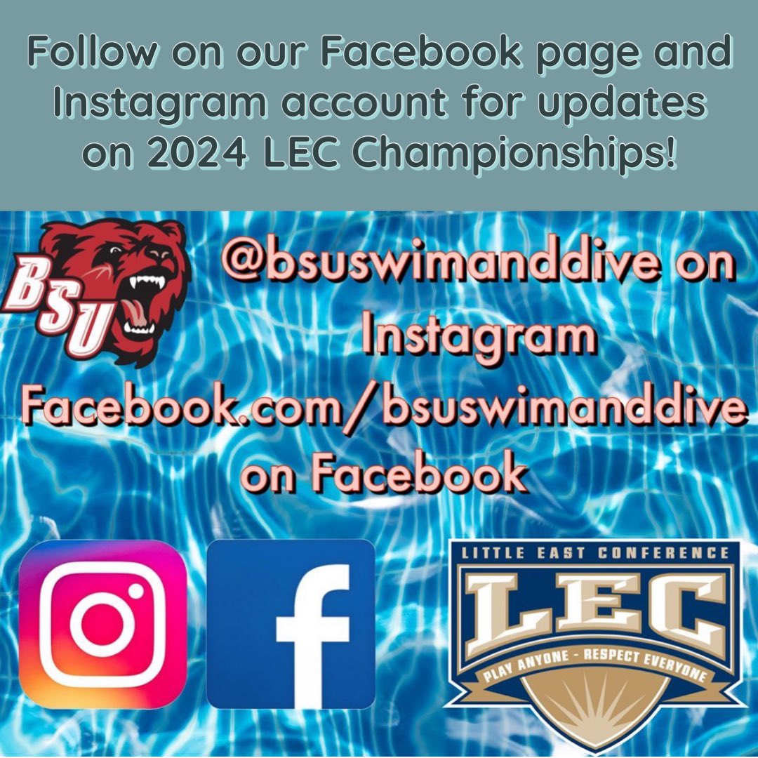 BSUSwimandDive's tweet photo. Follow us on our Facebook page (https://t.co/BsgY1aek6Q) and Instagram account (https://t.co/CAkbyKW5yl) for updates from 2024 LEC Championships! #LECs #bsuswimanddive 🐻🏊🏻‍♂️🏊🏻‍♀️ https://t.co/P8VW1Of9mg