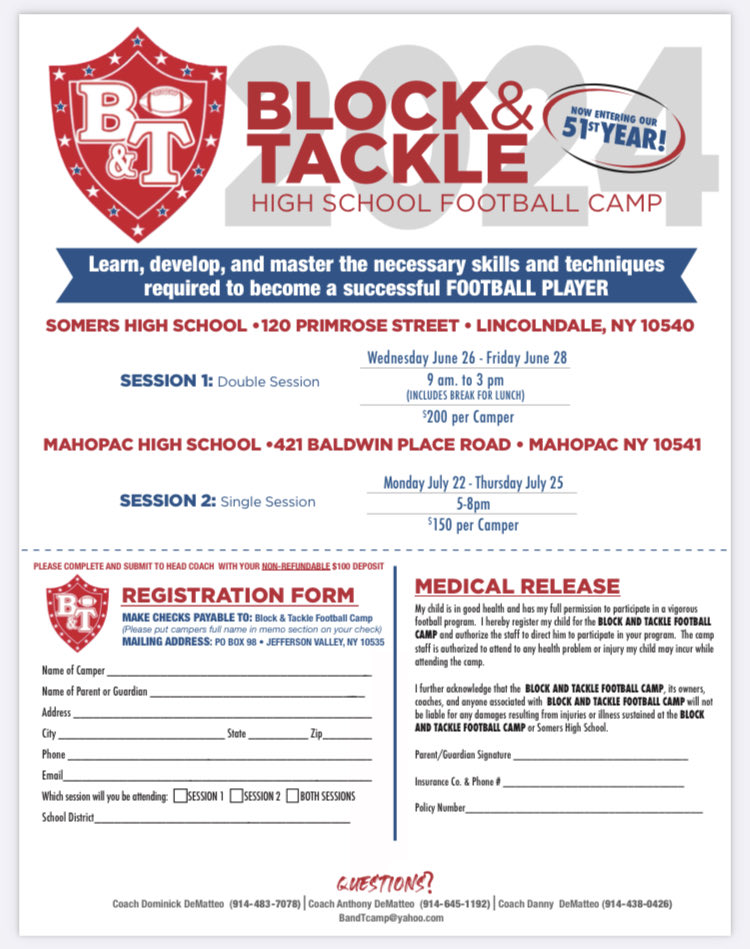 ATTENTION ⁦<a href="/MahopacFB/">Coach DeMatteo</a>⁩ Class ‘25 - ‘28 student-athletes &amp; parents! Info sent via ⁦<a href="/Hudl/">Hudl</a>⁩ &amp; ⁦<a href="/gmail/">Gmail</a>⁩ regarding PAC 🏈 Events!! ⁦<a href="/AdmiralFootball/">Coach Morano</a>⁩ &amp; ⁦<a href="/MahopacFB/">Coach DeMatteo</a>⁩ Pass Scrims (Class 25-27) &amp; ⁦<a href="/block_tackle_fb/">Block & Tackle Football Camp</a>⁩ Camp (Class 25-28)!!! Reg TODAY!!!