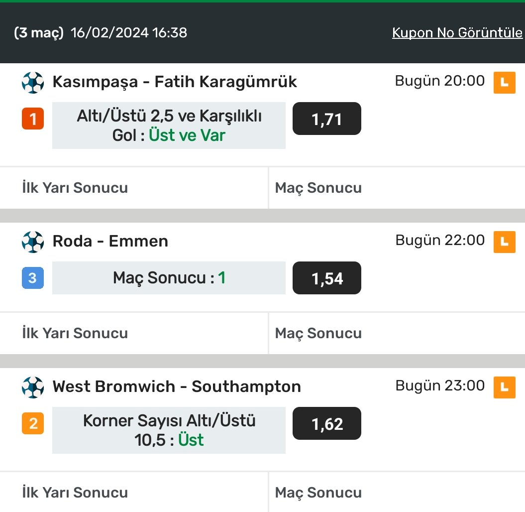 Bugün kasa katlama yok bültende ki maçlar sıkıntılı çerezlik kupon

Toplam oran--> 4.27

500-->2133
