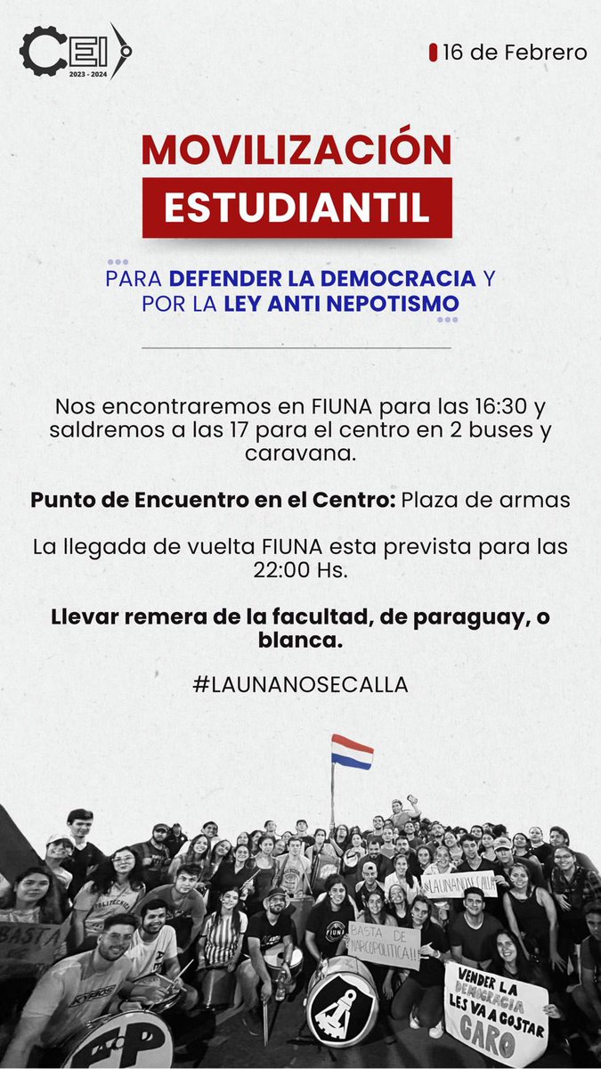 Desde el Centro de Estudiantes de Ingeniería expresamos nuestra indignación por el golpe a la democracia e instamos a toda la comunidad a manifestarse con nosotros ante la preocupación por la llegada de un régimen autoritario  

HOY, VIERNES 16 DE FEBRERO
#LAUNANOSECALLA