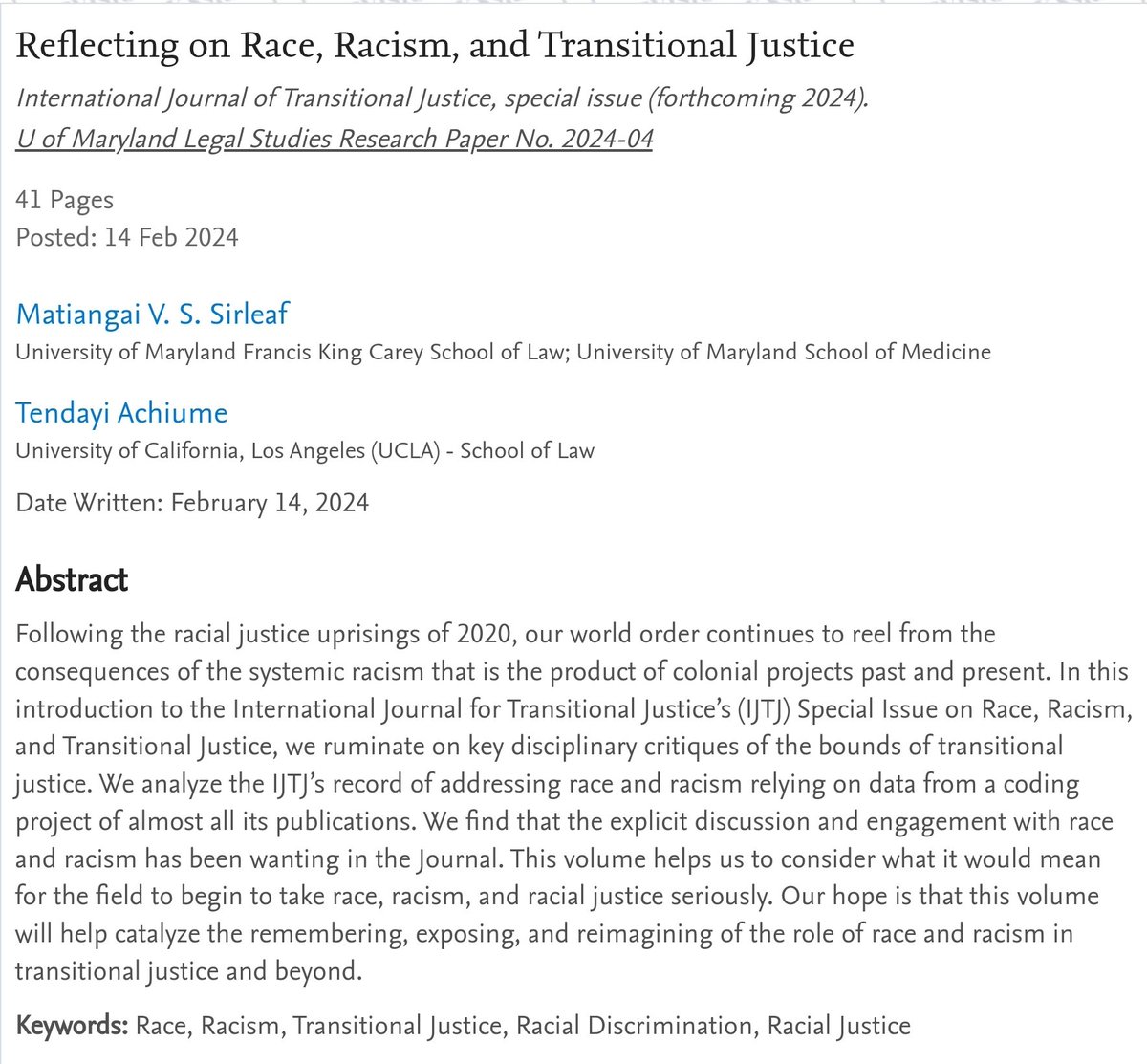 Prof. E. Tendayi Achiume & I guest edited a special issue of the International Journal of Transitional Justice which is forthcoming soon. Preprint of our introductory editorial is up on @SSRN for free ssrn.com/abstract=47251…. CFPs was in 2023. So pleased volume will soon be out!