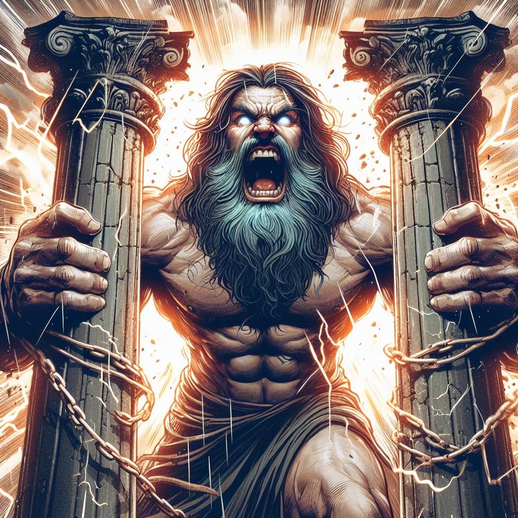 bennyxavier007's tweet photo. Angry Samson (Judges 16:30)- Scene recreated using AI Designer @riafytech 
#AI #AIArtCommuity #designer #aigeneratedart https://t.co/aDlWhbE2VK