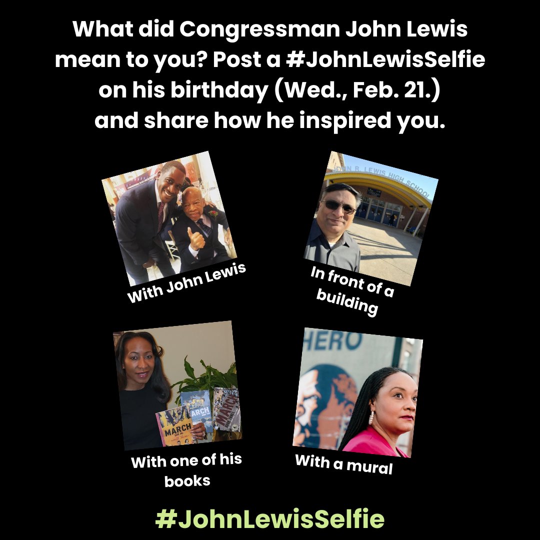 johnlewisorgs's tweet photo. 1/6 Help us celebrate Congressman John Lewis’ Birthday Wed., Feb. 21 (it would have been his 84th). Post a “selfie” or a regular picture with him using the hashtag #JohnLewisSelfie and reflect on his legacy. 

More details: https://t.co/Lq9QzlwBwD https://t.co/eyd2R5UZSR