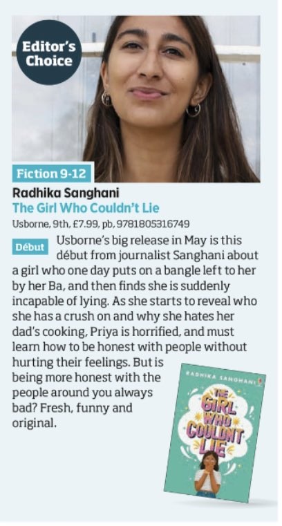 Brilliant to see The Girl Who Couldn't Lie by @radhikasanghani selected as @CharlotteLEyre's Editor's Choice in this week's @thebookseller ✨ 'Fresh, funny and original.'