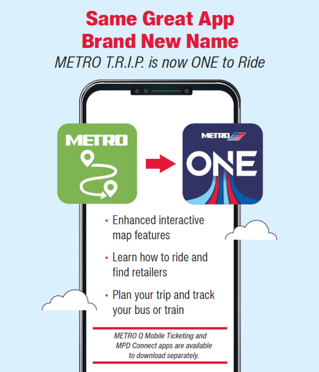 METROHouston's tweet photo. In case you missed it! Same great app, new name. METRO TRIP is now ONE to Ride. A new navy blue “ONE” icon should now be on your phone or will appear shortly.” Don't have our app? Download it now: https://t.co/EoBw7b3yqR ^D

#HoustonMETRO #METROHouston #METROapp #Houston https://t.co/kdvWKXHglj