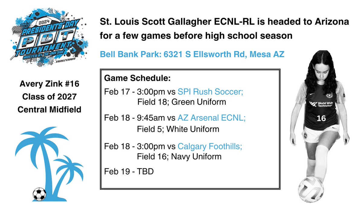I’m excited for these last few games in Arizona with my club team before we break for high school season. Let’s go! ☀️