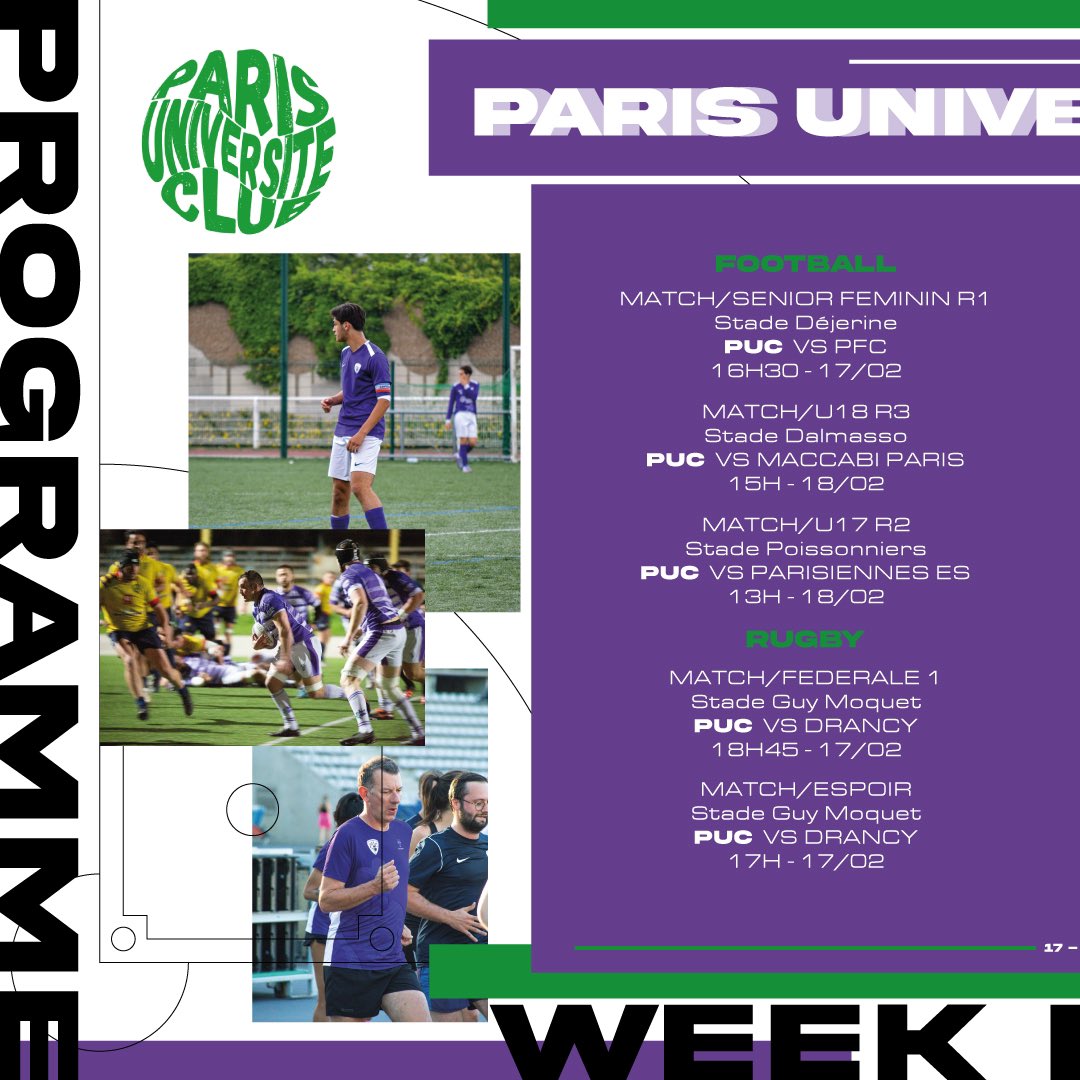 PUC_Football's tweet photo. 🟣⚪️ Programme du week-end du 10 et 11 Février 📆

Retrouvez quelques rencontres phares et venez supporter nos pucistes sur les différents terrains
 🏐🤾‍♀️⚽️🏉🏃‍♂️

Nous vous attendons nombreuses et nombreux pour soutenir les violets https://t.co/HQA2aeU1nm