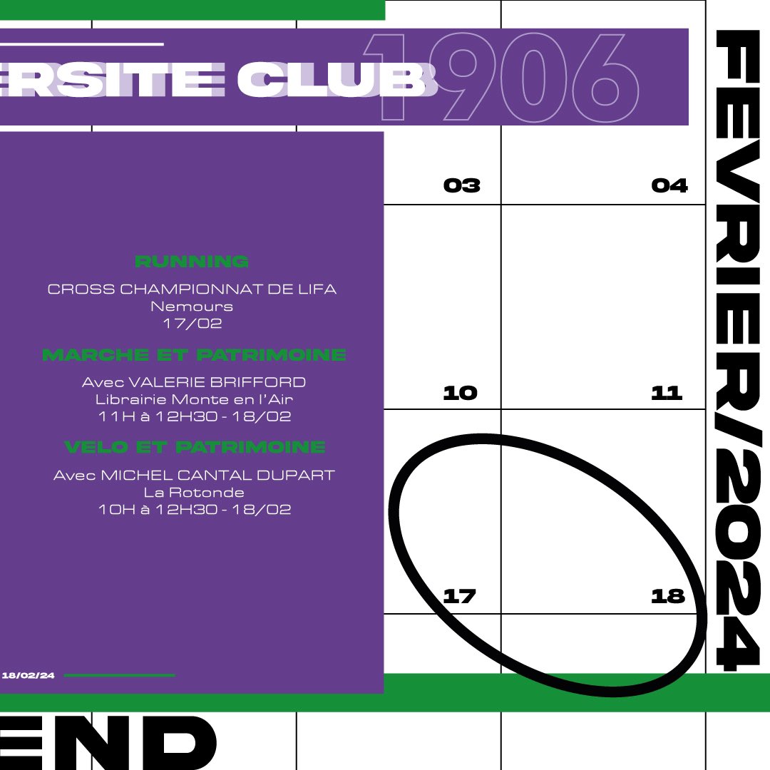 PUC_Football's tweet photo. 🟣⚪️ Programme du week-end du 10 et 11 Février 📆

Retrouvez quelques rencontres phares et venez supporter nos pucistes sur les différents terrains
 🏐🤾‍♀️⚽️🏉🏃‍♂️

Nous vous attendons nombreuses et nombreux pour soutenir les violets https://t.co/HQA2aeU1nm