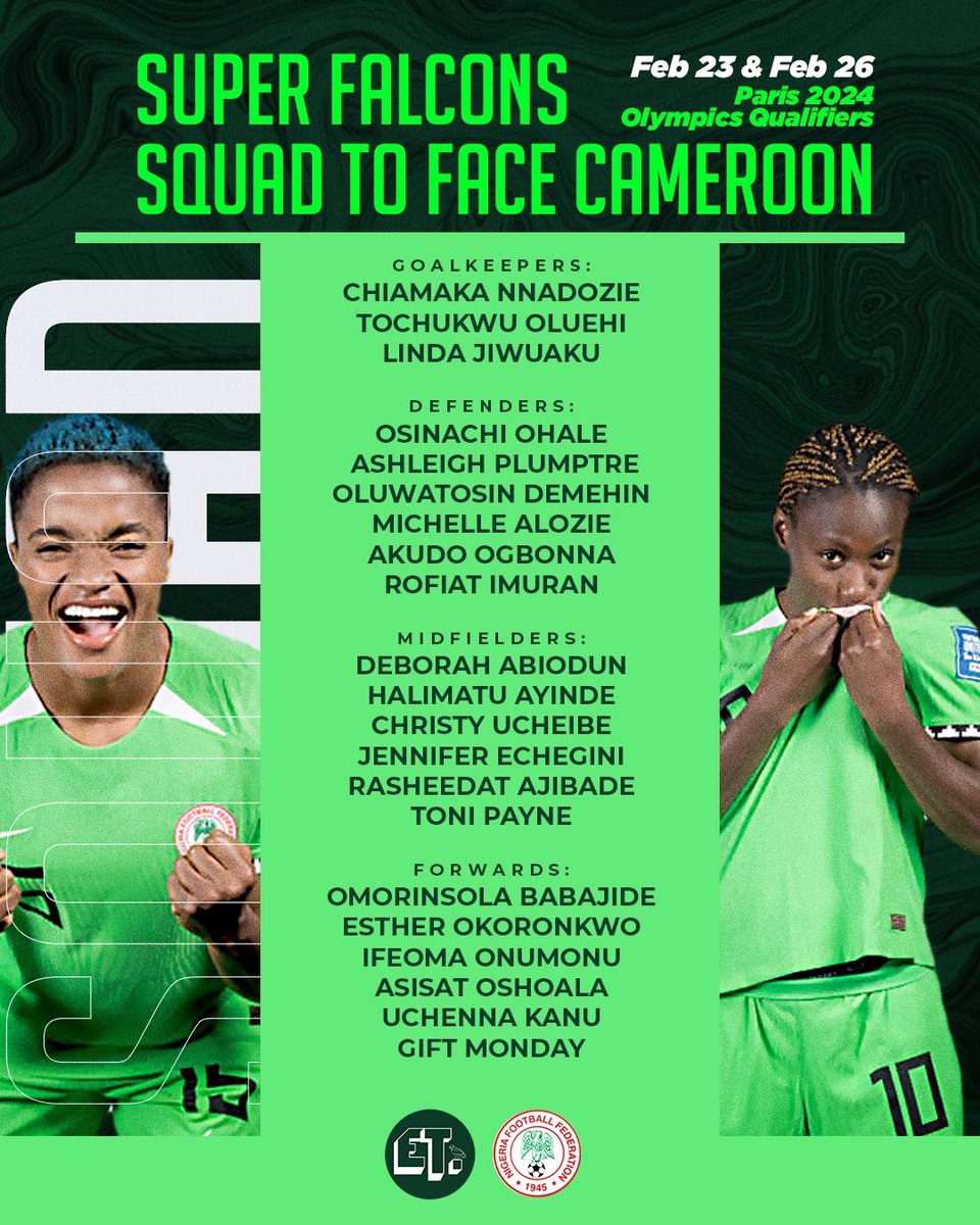Here’s the Super Falcons squad to face Cameroon in this month’s #Paris2024 qualifying matches.⚽⚽

#SuperFalcons #Olympics #EaglesTracker 🦅🇳🇬