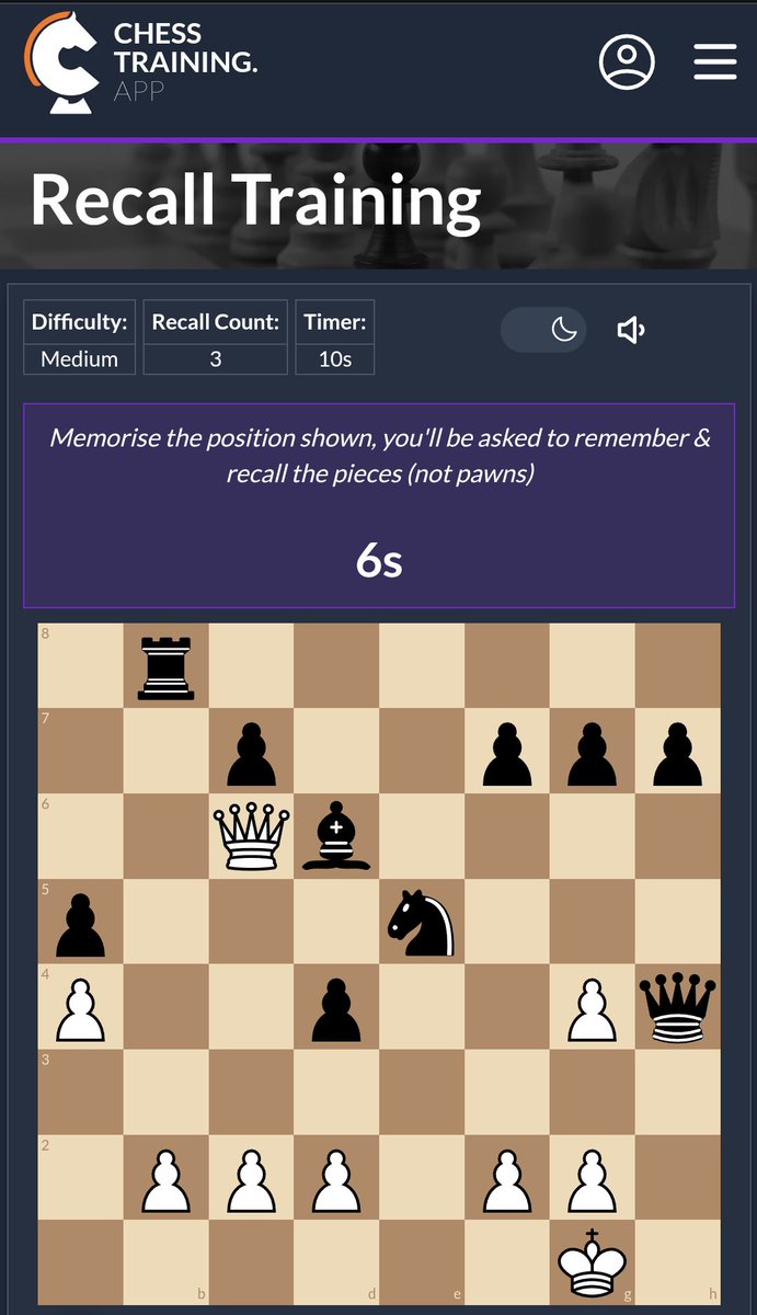 ChessTrainApp's tweet image. How well can you recall a #chess position? What if you only had 2 seconds to see it? 
Test yourself with the new Recall Trainer on ChessTraining.app