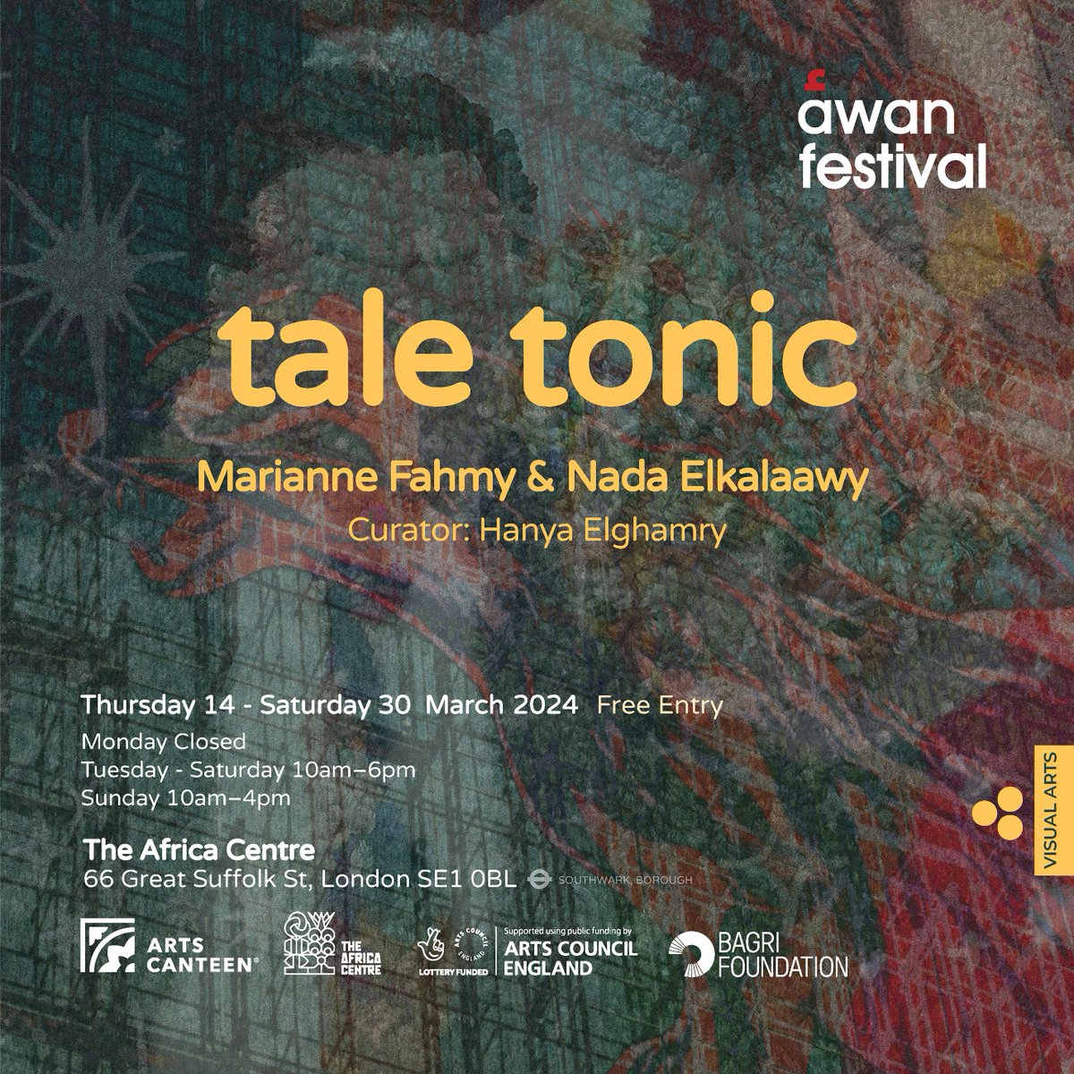 Step into a world of paradox & exploration at AWAN Festival’s “Tale Tonic” exhibition taking place at the @theafricacentre starting March 14th! AWAN presenting the thought-provoking works of contemporary #Egyptian artists @mariannefahmy @nadaelkalaawy curated @hanyaelghamry