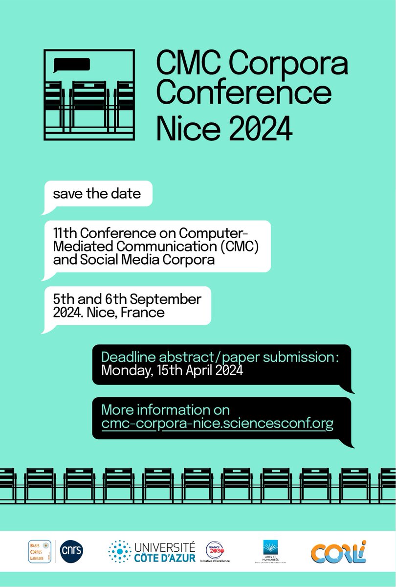 ✒️[APPEL A COMMUNICATIONS]
🗓️Deadline abstracts : 15th April
📅Conference: 5th-6th September
📍<a href="/BCL_Nice/">Laboratoire Bases, Corpus, Langage</a> 
<a href="/cmc_corpora/">CMC-Corpora</a> <a href="/NiceCMC2024/">Nice CMC 2024</a> <a href="/CNRS_DR20/">CNRS Côte d’Azur</a> 
cmc-corpora-nice.sciencesconf.org/#:~:text=The%2…
