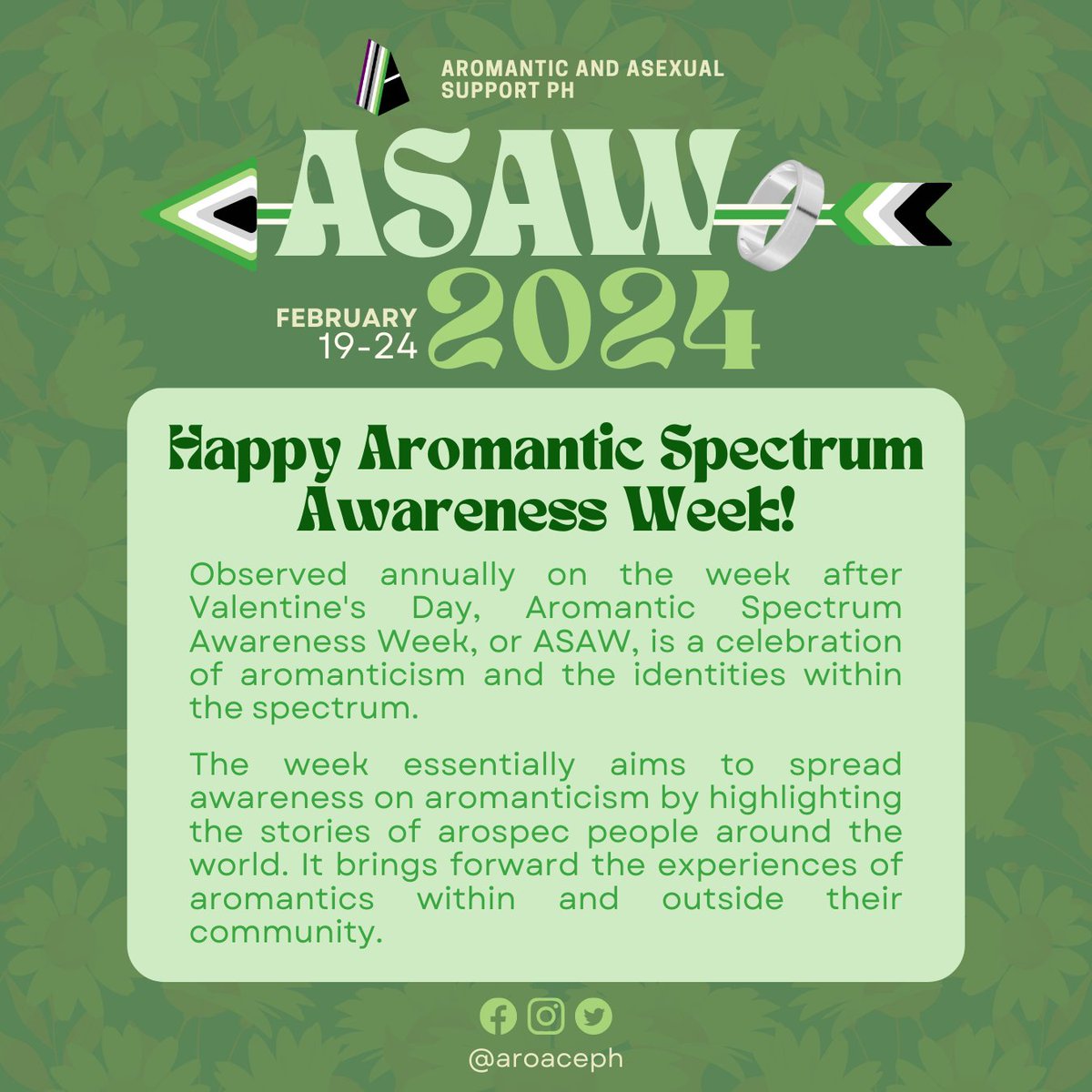aroaceph's tweet image. Happy Aromantic Spectrum Awareness Week!

Observed annually on the week after Valentine's Day, Aromantic Spectrum Awareness Week, or ASAW, is a celebration of aromanticism and the identities within the spectrum.

Take pride in being aro and fly free.