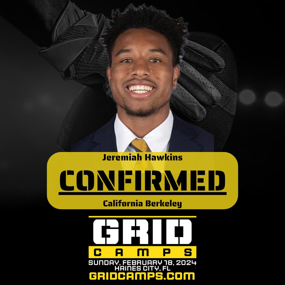 Late addition to the roster‼️

Free Agent WR Jeremiah Hawkins (<a href="/Hawkmade4/">Jeremiah Hawkins ⚡️</a>) from California Berkeley (<a href="/CalFootball/">Cal Football</a>) is confirmed for the next <a href="/GRIDCamps/">GRID Camps</a> -- 2/18/24.

Hawkins has blazing speed, running a 4.33 40-yard dash at pro workouts, and has experience running routes against