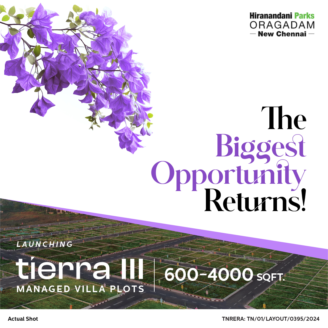 HparksOragadam's tweet image. Pre-launch ends today!

We are excited to launch Tierra III - our Signature Villa Plots at Hiranandani Parks - Oragadam, Chennai

Key plot features include:
* Our plots come with 100% clear title 
* Tierra is a fully-managed plotted development 
* &amp;amp; more

#Tierra #plot #villaplot