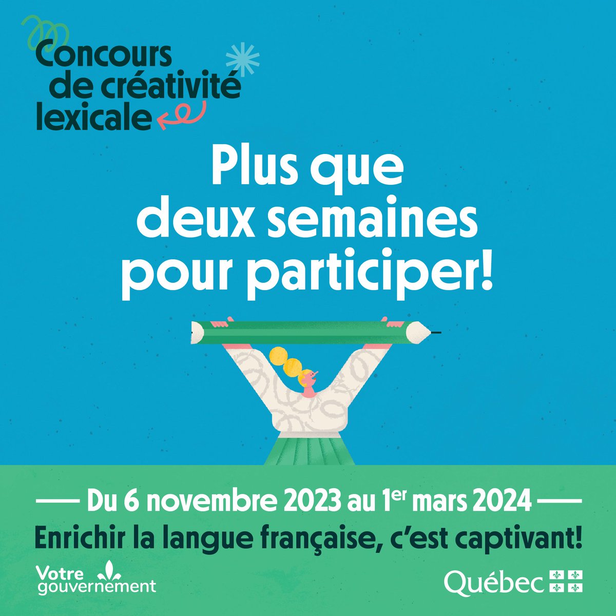 Vous enseignez ou étudiez le français au secondaire? Il ne reste plus que deux semaines pour participer au Concours de créativité lexicale! ✏️💡 Consultez la page du concours au Quebec.ca/creativite-lex….