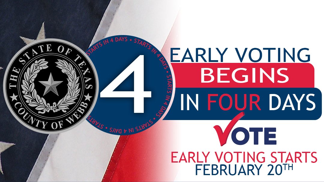 SPREAD THE WORD! Early voting starts on Feb. 20th. Please visit our Elections Administration web page for your Election Day information such as key dates and sample ballots. Remember you can cast your vote at any polling site regardless of your precinct. webbcountytx.gov/ElectionsAdmin…
