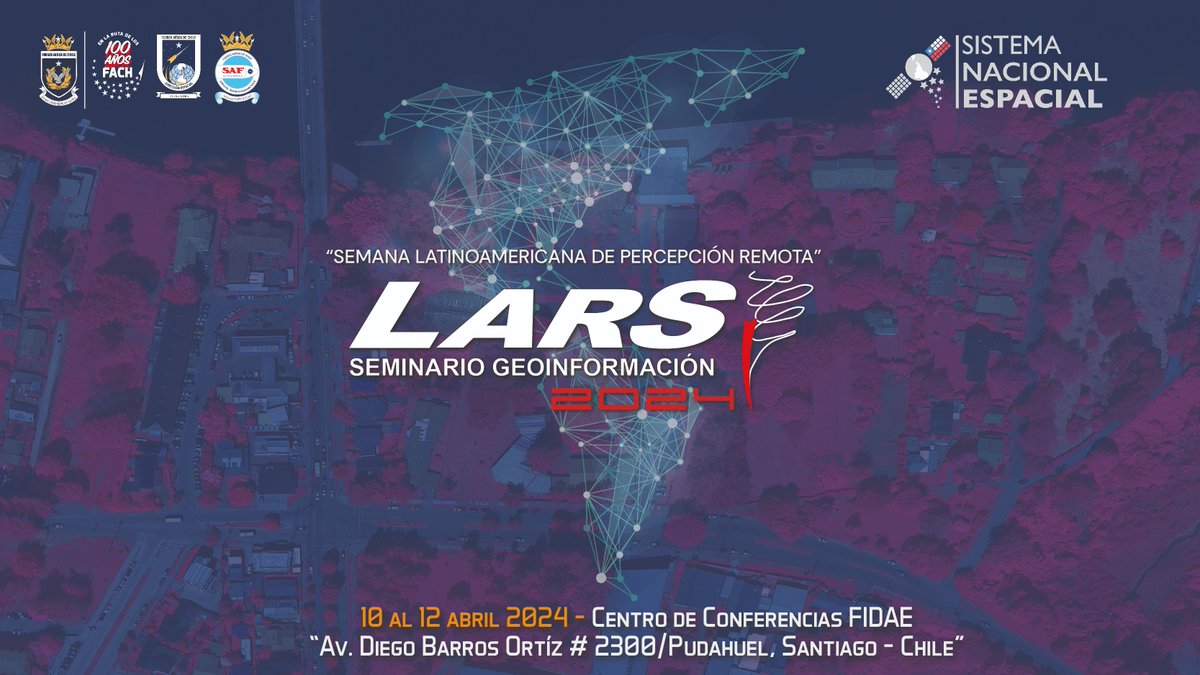 Una nueva versión de la Semana Latinoamericana de Percepción Remota - LARS 2024!, se desarrollará en el marco de FIDAE 2024. 
Será un punto de encuentro para investigadores, docentes, estudiantes y empresas del área de la percepción remota.
+ info en lc.cx/G_TWPq
🛰️🇨🇱