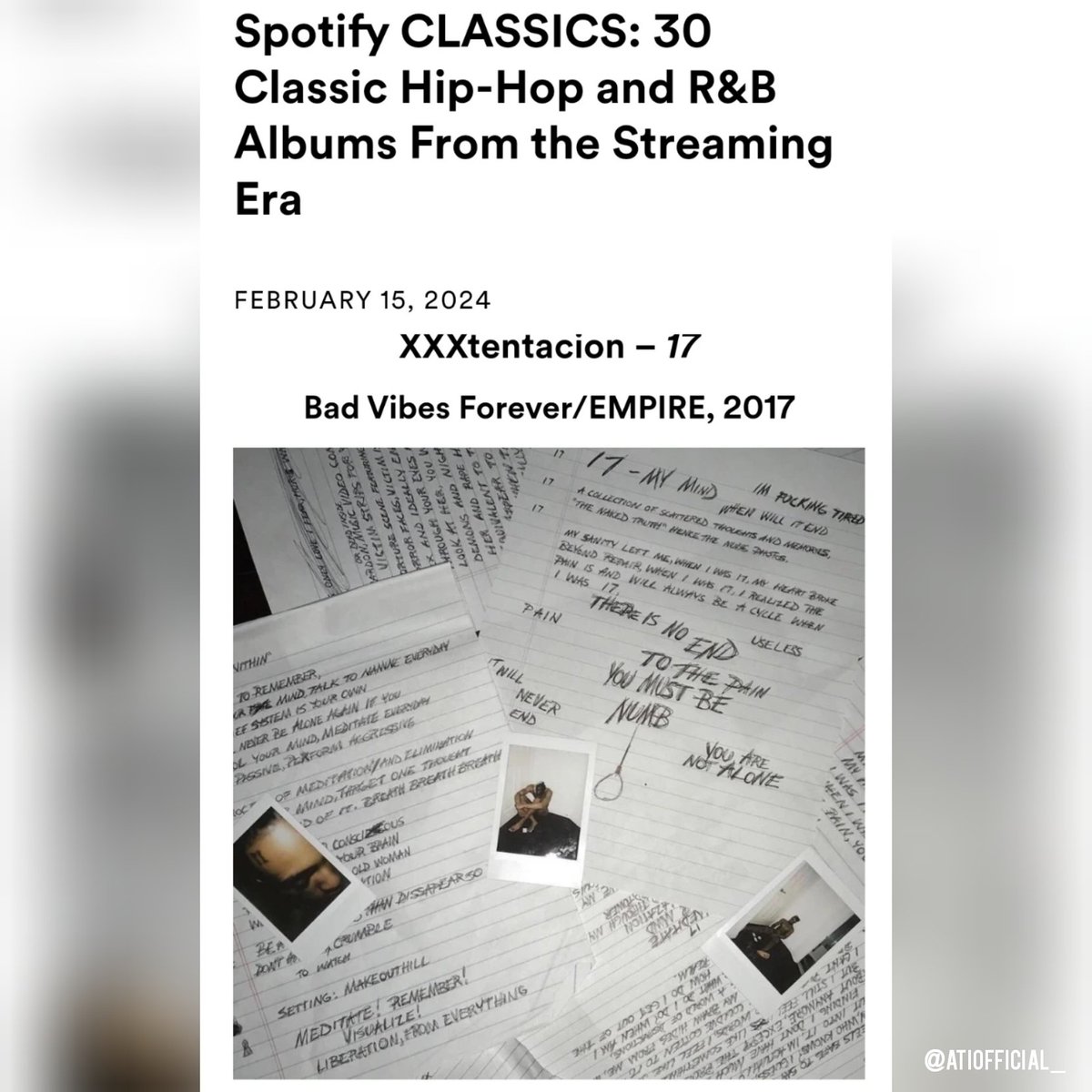 XXXTentacion's debut album "17" has named one of the Classic Hip-Hop and R&amp;B Albums From Streaming Era by Spotify