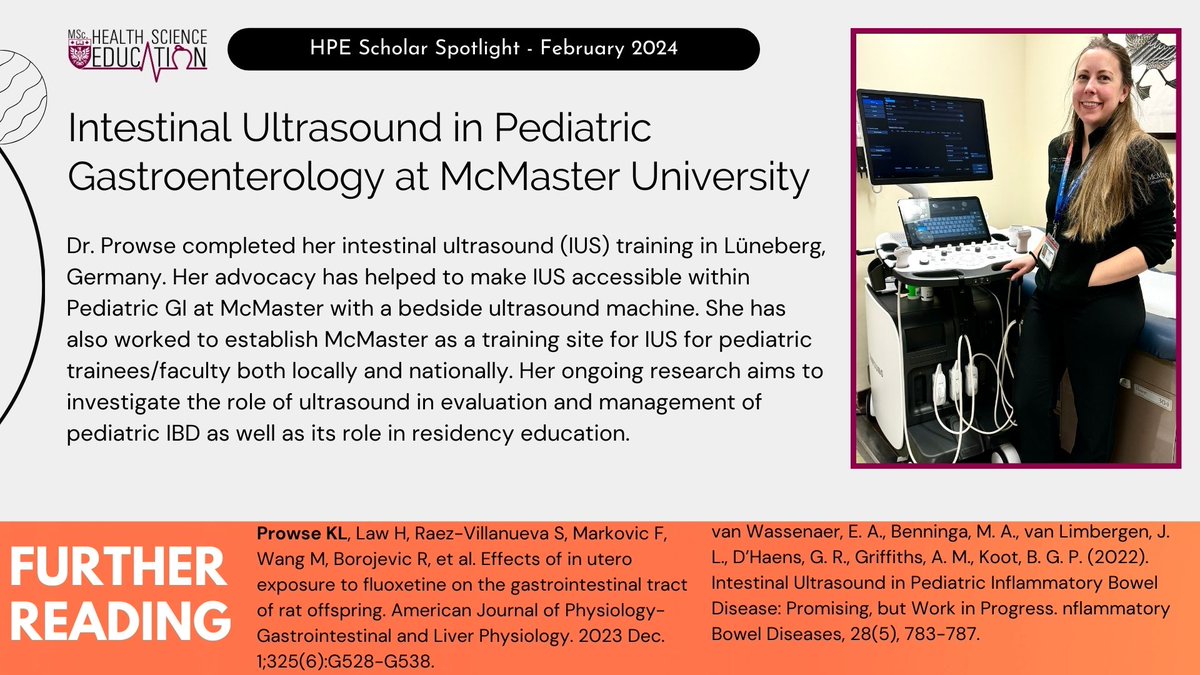 Our February #HPEScholarSpotlight features Dr. Katherine Prowse! Dr. Prowse is and Assistant Clinic Professor and Pediatric Gastroenterologist at @MacUPediatrics. Her research supports the establishment of the Adolescent and Young Adult (AYA) Transition Clinic.