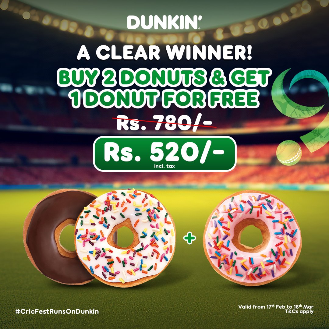Dunkin_PK's tweet photo. 1/3
PSL Season 9 is in full swing, and we have a clear winner! Buy 2 donuts from Dunkin’ for Rs. 520 and get 1 donut absolutely free! Don’t miss the excitement. #CricFestRunsOnDunkin https://t.co/wJjqtNZQZf