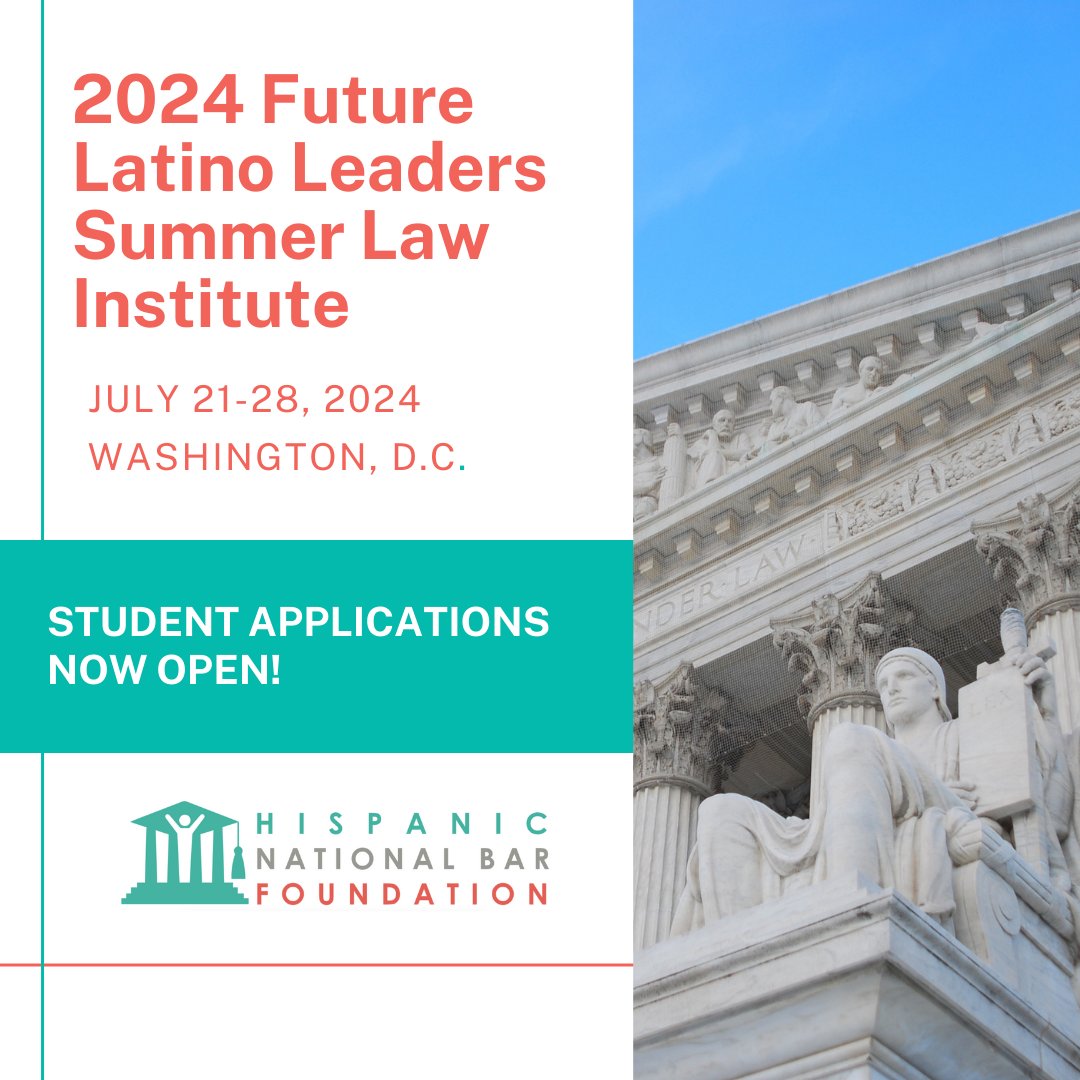 HispanicNBF's tweet photo. Calling all future lawyers!

Applications for the 2024 Future Latino Leaders Summer Law Institute are now open!⚖️

Learn more and be the first to apply for this free, week-long leadership program in D.C. at https://t.co/7sb8z47zkB

#hnbf #diversity #inclusion #law #diverseleaders https://t.co/6XvtoCOQhq