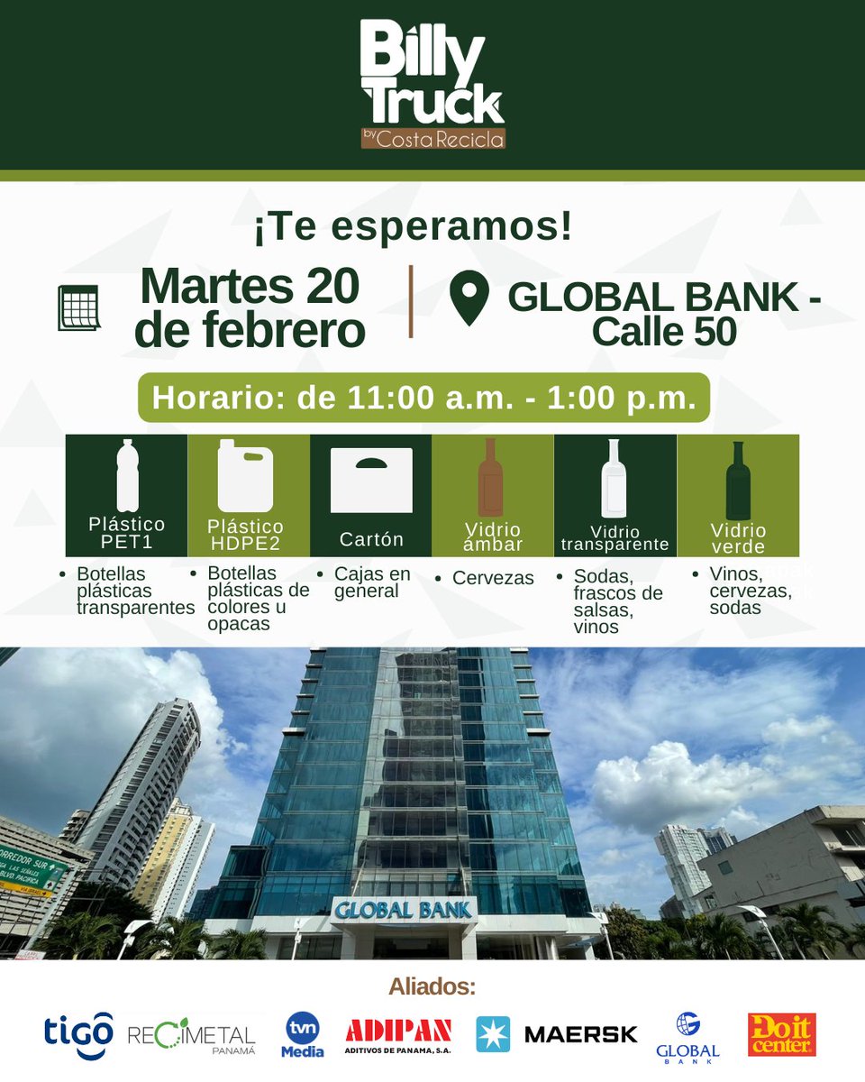 CostaRecicla's tweet photo. ¡Aún tienes tiempo de traer tus materiales al Billy Truck este mes!

Desliza las imágenes para conocer las fechas y ubicaciones donde estará el Billy Truck la tercera semana de febrero del 2024 (anótalas en tu calendario). https://t.co/wt4fAZkaVG