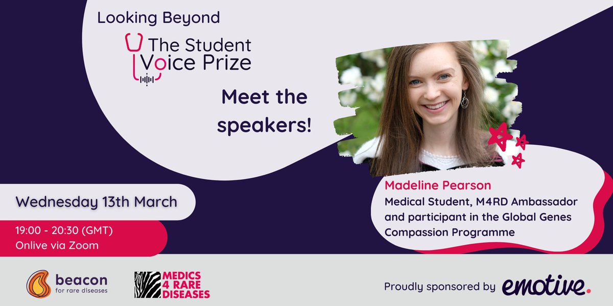 Meet the speakers for Beyond the Student Voice Prize! Madeline Pearson is a medical student, her interests in paediatrics and genetics led her to learn more about rare diseases, in her role as a medical student ambassador for @M4RareDiseases. ow.ly/n5Kc50QBNl1